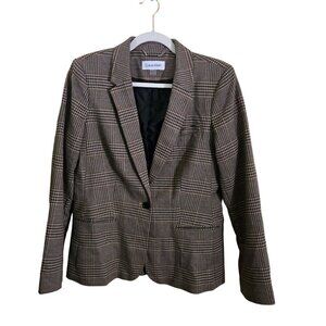 Calvin Klein Brown Plaid One Button Classic Dark Academia Blazer Size 10